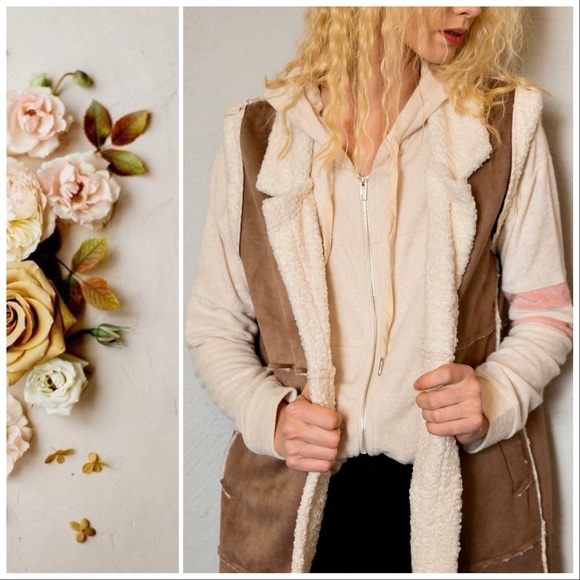 POL Brown Sugar Suede & Sherpa Long Duster Vest - Picture 4 of 9